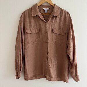 Vintage 100% Silk Jacquard Button Down Blouse L Neutral Minimalist Work Top